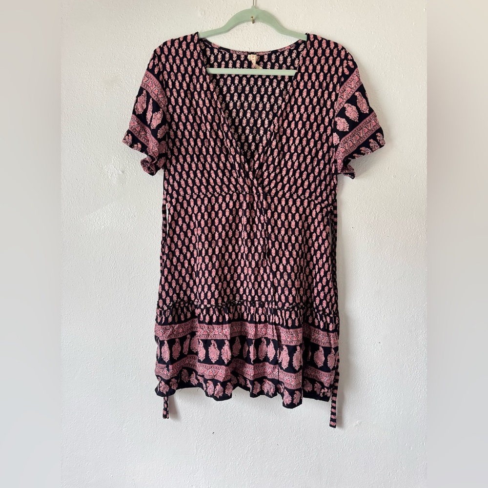 Anthropologie RAGA Faux Wrap Mini Dress Sz M Black Pink Mixed Print Ties Ruffle - Picture 10 of 14